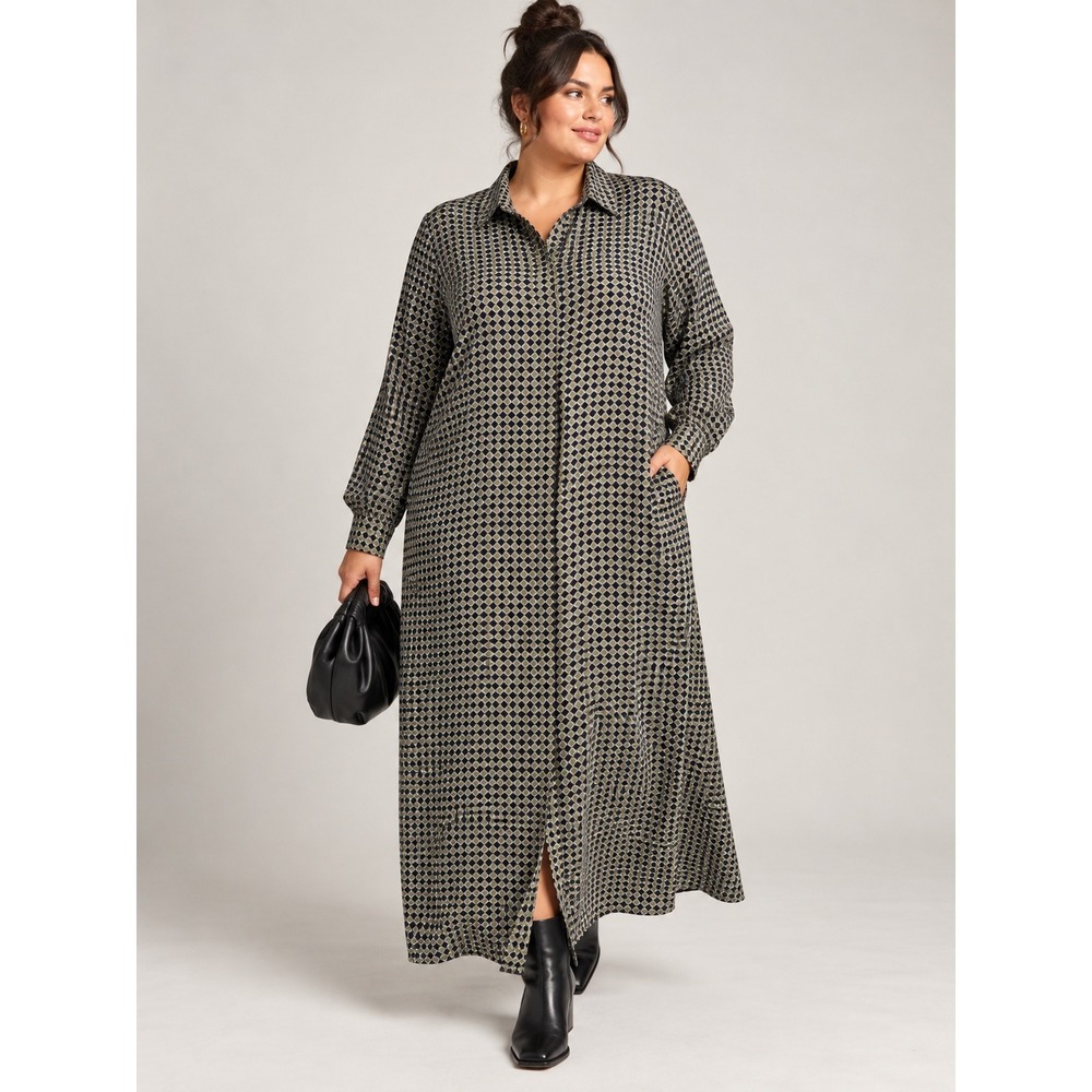 Nordstrom Olive Black Geo Print Maxi Shirt Dress 2X Quiet Luxury Retro Modest